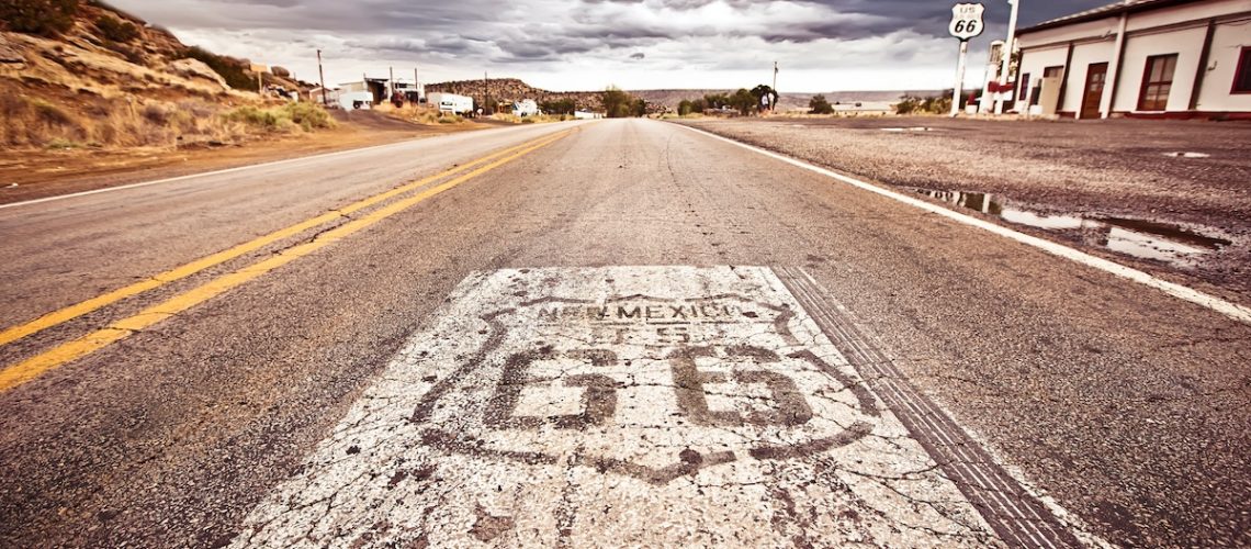 An old Route 66 shield painted on road, sixties, 1960