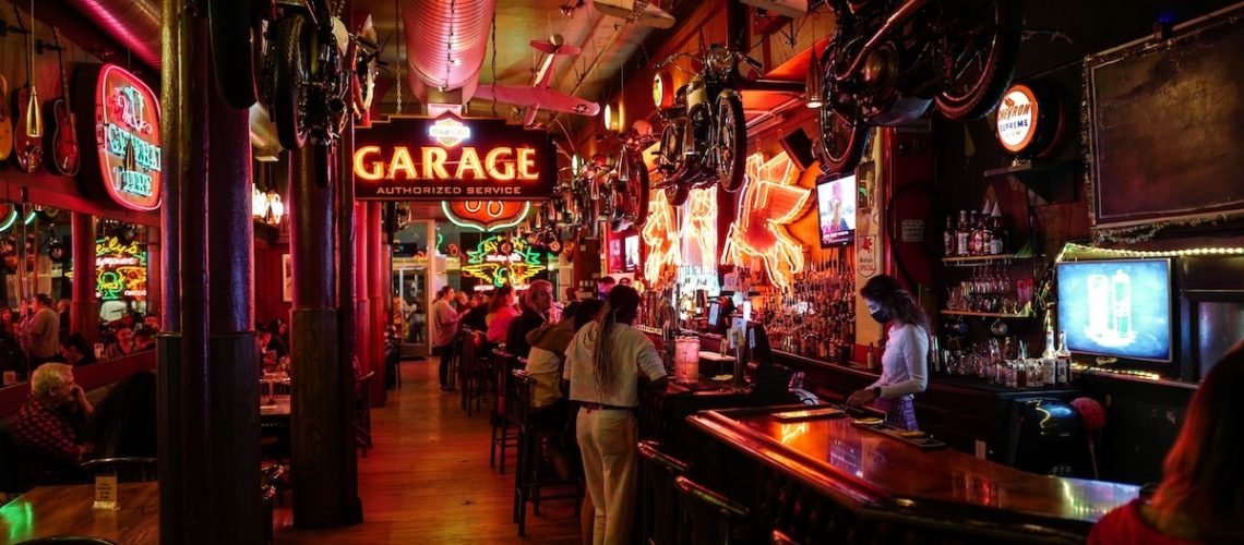 PORTLAND,OREGON - September 12, 2021: Portland's famous Kelly's Olympian Bar, after dark.