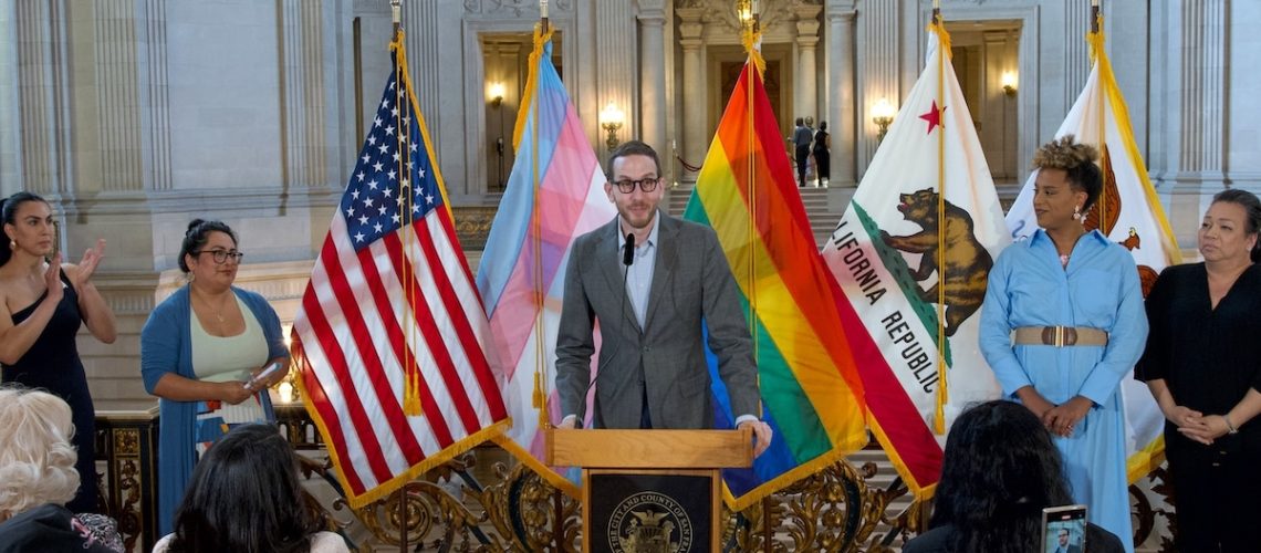 San Francisco, CA - August 01, 2024: State Senator Scott Wiener speaking at a press event to kick off San Francisco’s 3rd Annual Trans History Month.