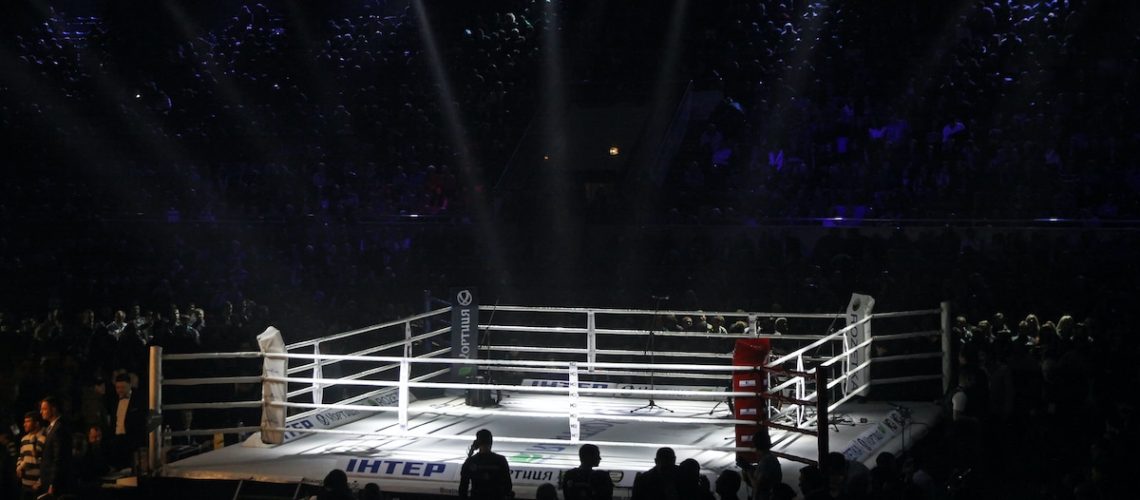 KYIV, UKRAINE - DECEMBER 13, 2014: Boxing ring in Palace of Sports in Kyiv during "Evening of Boxing"